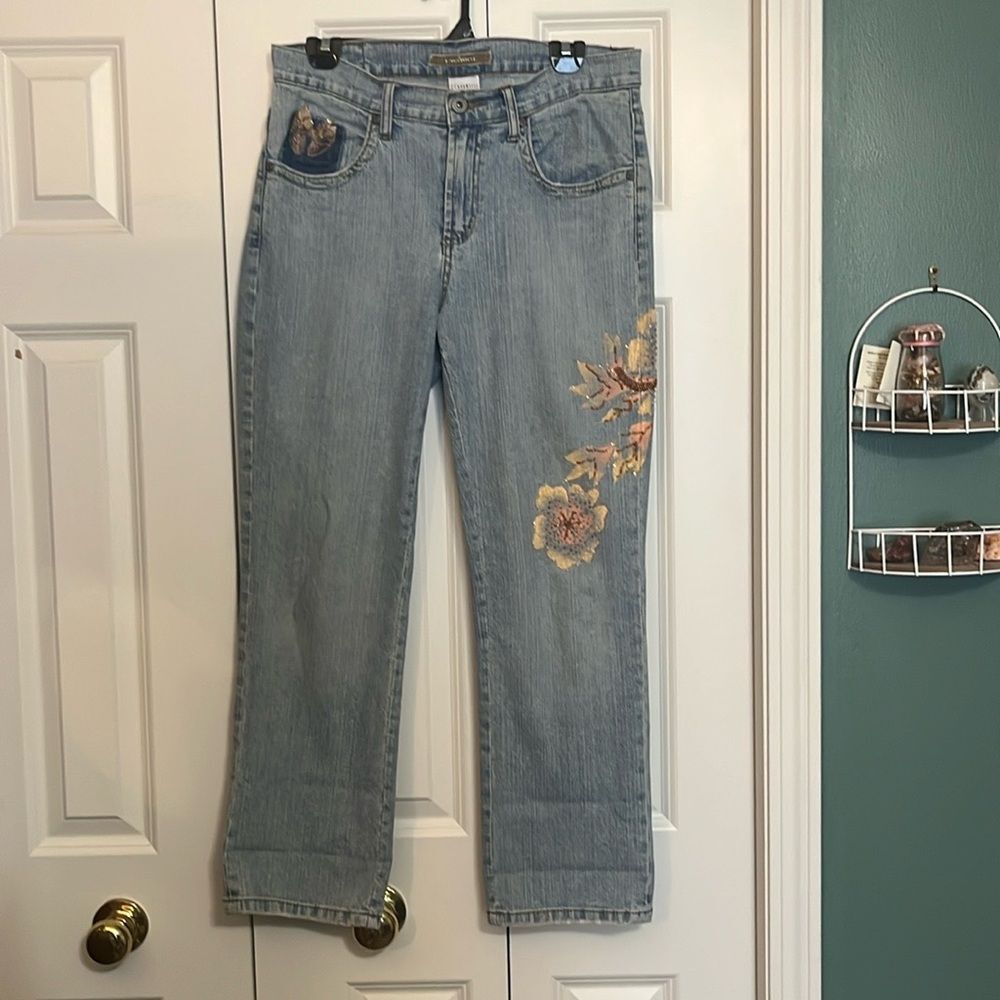 Vintage Z Cavaricci 90s Embellished Beaded Floral Straight Leg Denim Women’s 10